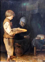 Alte Frau und Junge teilen eine einfache Mahlzeit